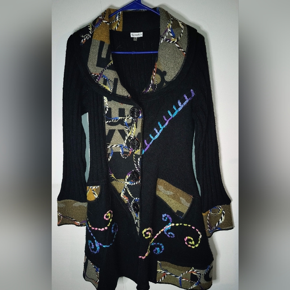 SIONI Woman's Size Medium Embroidered Black Midi Acrylic And Wool Sweater